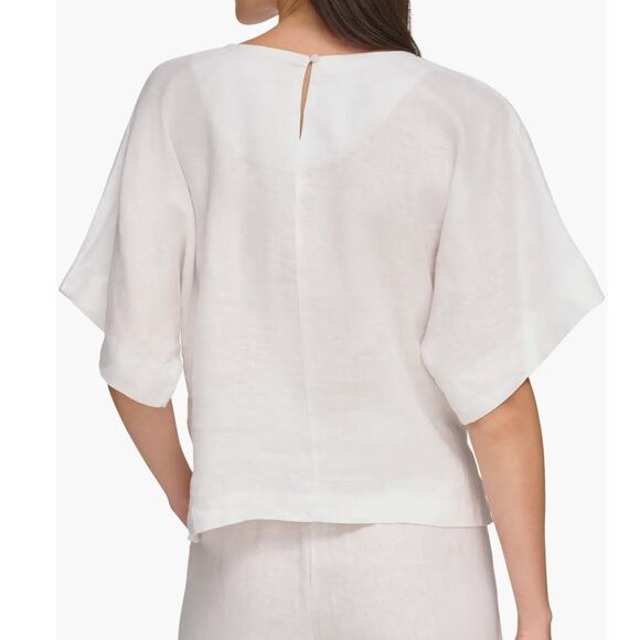 DKNY Pure White Linen Boxy Dolman Sleeve Cropped Hem Blouse Small - Picture 4 of 9